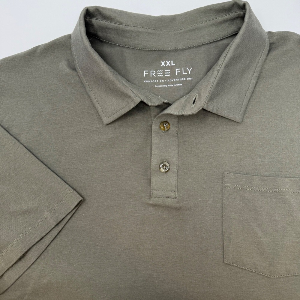 Free Fly Mens XXL Bamboo Polo Shirt Olive Green Organic Cotton Stretch Pocket